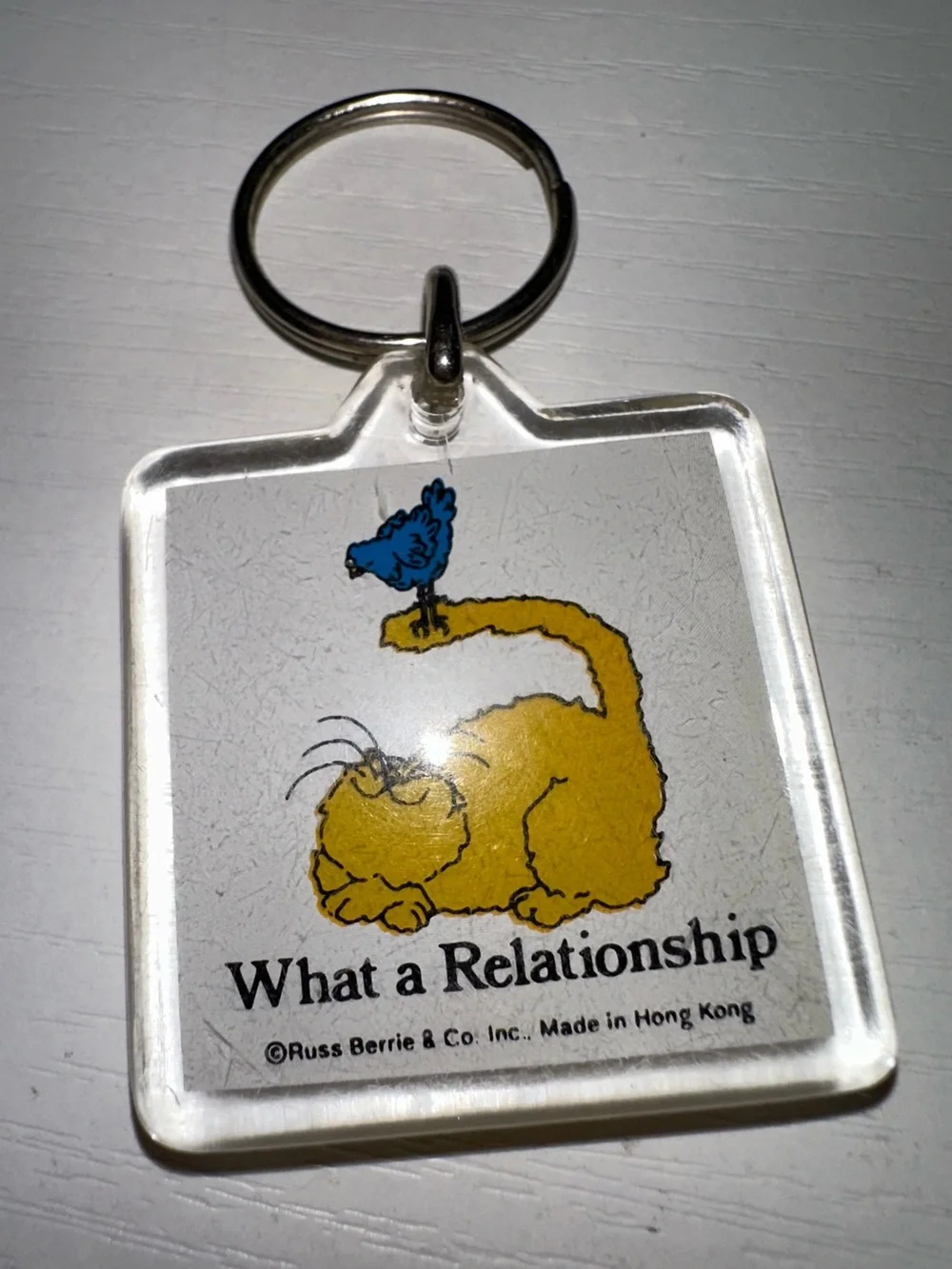 Vtg “What a Relationship” Cat & Bird Keychain